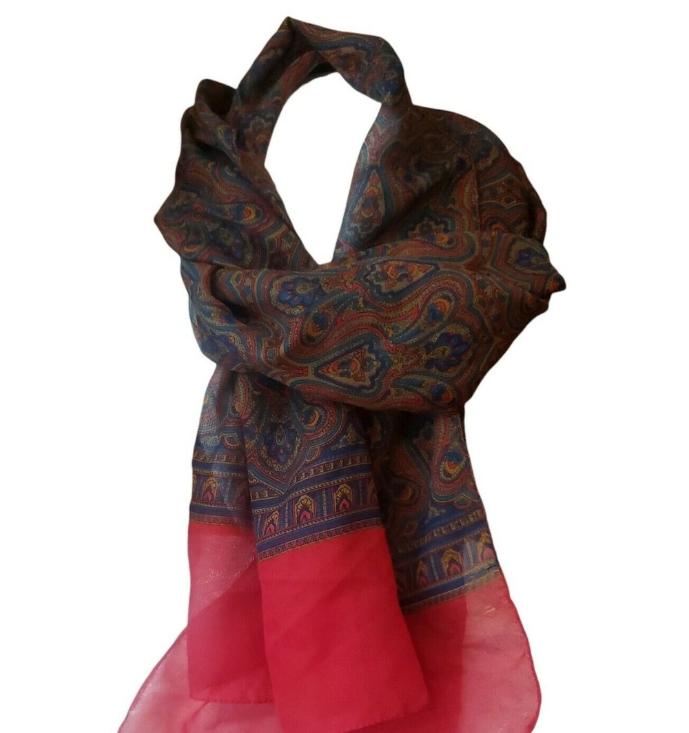 J.G. Hook Vintage Scarf Red Blue Paisley Made in Italy 62" x 14" Oblong Sheer